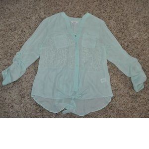 Womens Blouse Candies Green Chiffon Medium Button Up Long Sleeve Lace Back Top